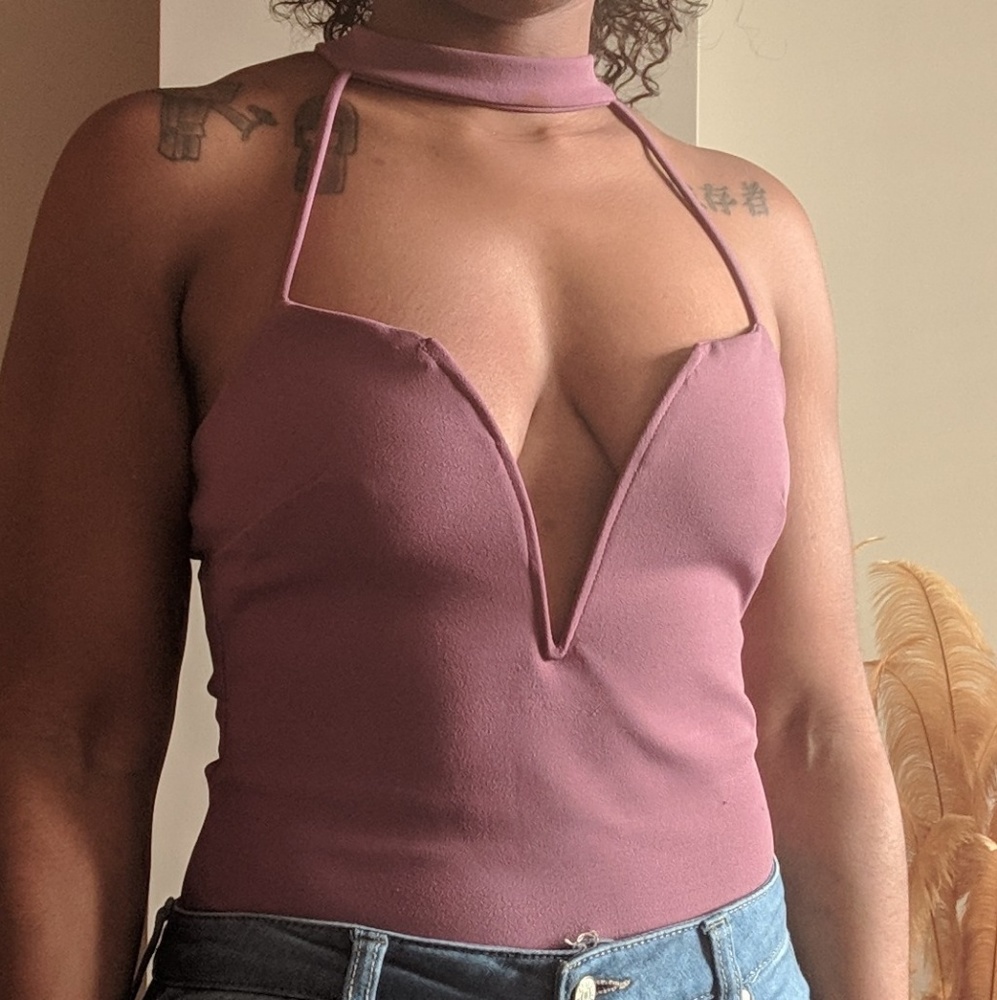 Purple v-cut onesie